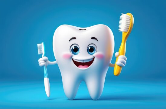 cartoon character of white tooth on colorful background holding toothbrush. pediatric dentistry