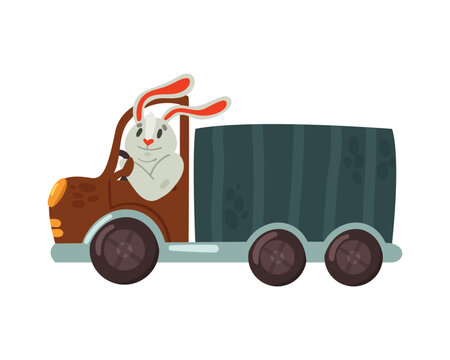 Fototapeta Rabbit driving a truck. Animal using transport, funny wild driver flat vector illustration