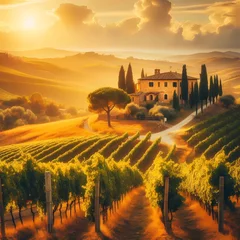 Schilderijen op glas A common yet charming background of a sunlit vineyard in Tuscany, with rolling hills, grapevines, and an old stone villa © CognitiveShots