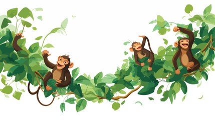 A group of playful monkeys swinging from vine 