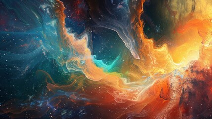 A captivating science fiction vista that showcases the cosmos's breathtaking beauty, marked by vivid colors and patterns echoing the essence of ocean waves, nebulae, and celestial entities.