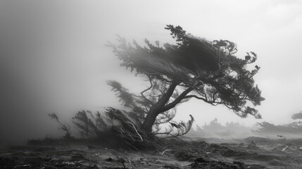 Strong wind and hurricane, trees bend under the force of the wind.