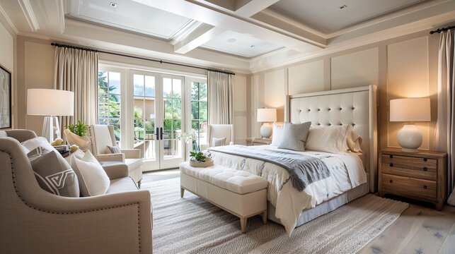 Within a craftsman townhouse, the master bedroom offers a serene retreat from the vibrant energy of the surrounding town, with its soft neutral hues, plush bedding.