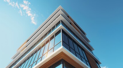 Obraz premium A contemporary office edifice rises prominently against a pristine blue sky, symbolizing corporate aspiration and architectural elegance.
