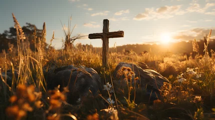 Papier Peint photo Lavable Prairie, marais A wooden Christian cross seen from a field 