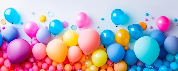 A panorama filled with vibrant balloons offering a burst of color against a neutral backdrop, leaving space for text.