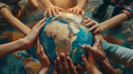 several hands of different nationalities and ages come together and hold a globe in your hands carry a symbol of support.