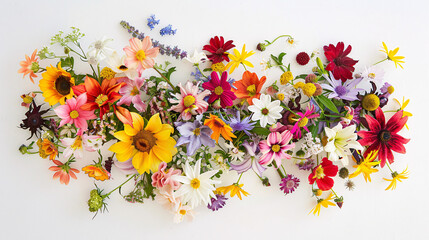 a vibrant bouquet of summer flowers isolated on a solid white background