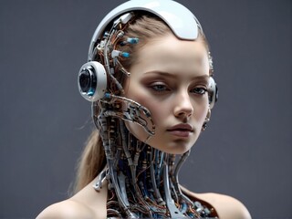Futuristic female android head closeup. An artistic representation of a female android, showcasing advanced robotics and cybernetic technology. Created with generative A.I. technology