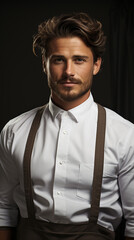 Male model in a chefa??s uniform against a crisp white background.