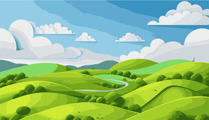 Vibrant Green Hills Winding Under a Majestic Blue Sky