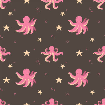 Cute octopuses seamless pattern on brown background