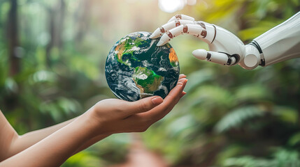 a human hand and a robot hand touch the globe - obrazy, fototapety, plakaty