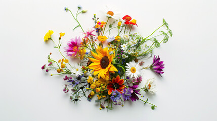 a vibrant bouquet of summer flowers isolated on a solid white background