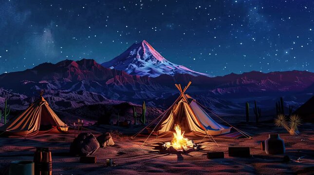 Night, camp, tent, bonfire, lake, big mountain, serene, peaceful, scenic, picturesque, tranquil, tranquil scene, serene  Seamless looping 4k time-lapse virtual video animation background. Generated AI