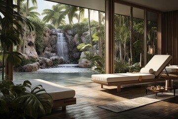 Fototapeta na wymiar Luxury hotel swimming pool with tropical plants. Concept of spa and vacation in the tropics, ecotourism