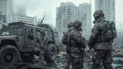 Soldiers in tactical gear advancing through an urban warzone ruins.