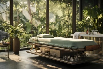 Spa salon with green bed and wooden table. Luxury spa concept. Concept of spa and vacation in the tropics, ecotourism