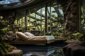 modern luxury tropical garden with plants and furniture. Concept of spa and vacation in the tropics, ecotourism