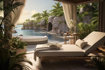 Fototapeta premium Luxury resort with swimming pool and palm trees. Concept of spa and vacation in the tropics, ecotourism
