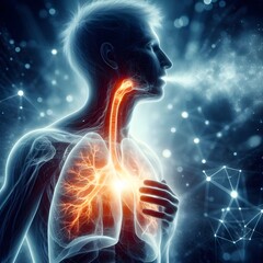 Human silhouette having lung breathing discomfort, lung and airway glowing red, medical healthcare concept
 - obrazy, fototapety, plakaty