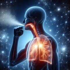 Human silhouette having lung breathing discomfort, lung and airway glowing red, medical healthcare concept
