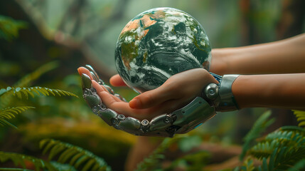 a human hand and a robot hand touch the globe