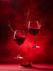Dynamic Collision of Red Wine Glasses with Vivid Splashes Against Dark Red Background