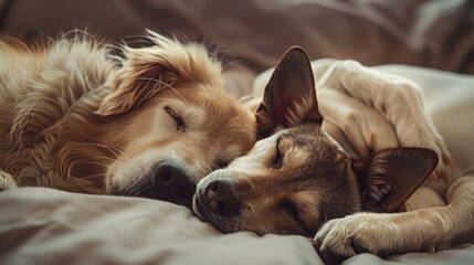 A tranquil photo showcases a cat and dog sleeping side by side, epitomizing a charming instance of cross-species companionship and ease.