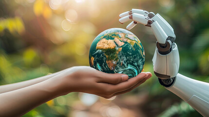 a human hand and a robot hand touch the globe