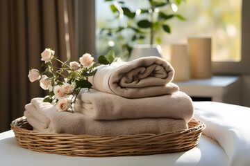 Aroma spa relaxing beauty concept with white clean towels and cosmetic bottle decoration background.