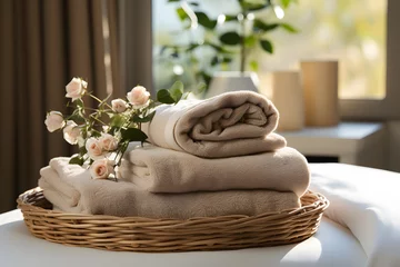 Cercles muraux Spa Aroma spa relaxing beauty concept with white clean towels and cosmetic bottle decoration background.