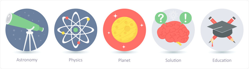 A set of 5 Education icons as astronomy, physics, planet