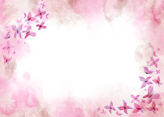 Pink background with butterflies. PNG transparent frame - 756396519