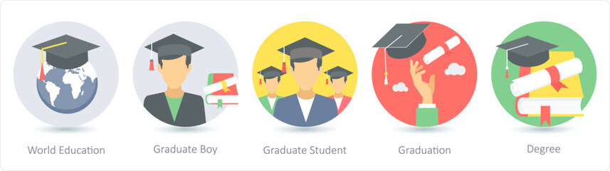 A set of 5 Education icons as world education, graduate boy, graduate student