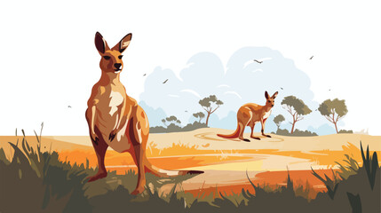 A kangaroo and its joey hopping joyfully across  - obrazy, fototapety, plakaty