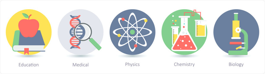 A set of 5 Education icons as education, medical, physics