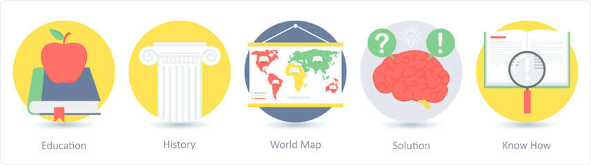 A set of 5 Education icons as education, history, world map