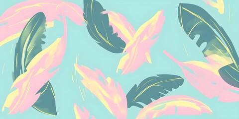 Fototapeta premium Tropic abstract banana leaves frame backdrop with light pastel copy space background for card, banner, greeting, promo, web decoration