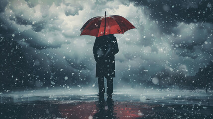 A man holds an umbrella in a storm