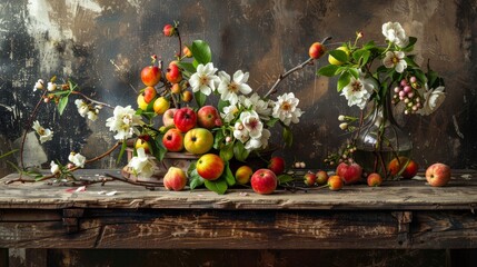 A springtime tableau featuring blossoming fruit flowers arranged atop a rustic wooden table, heralding the renewal of nature.