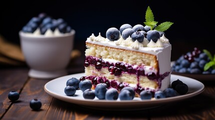 Tasty cake with fresh blueberry fruits on table. Dark food photography background.