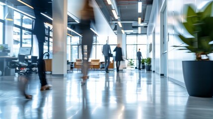 A subtly blurred scene of a modern office space alive with the hustle of business people, set as a banner background with ample space for text.