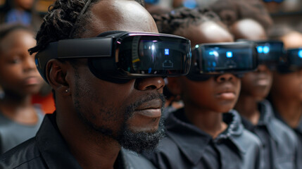 African american group of people wearing virtual reality headset in a movie theater.