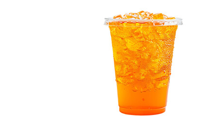 Orange color drink in a plastic cup isolated on a transparent background