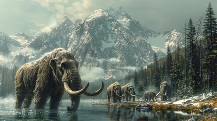 Ancient extinct animals walk around during Ice Age. Family of woolly mammoths, flock of prehistoric elephants migrating. Herd of Jurassic mammals. Beautiful snowy mountains background. Wild nature.