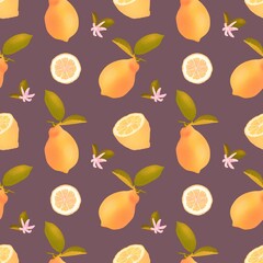 Lemon fruits on pink background. Seamless botany pattern. Flowers, Leaves, Lemons. Digital illustration, hand drawn. For packing, textile, paper and any DIY.