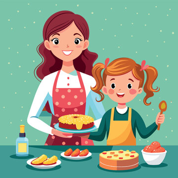 mother, daughter, family, kitchen, cook, food, cupcake, apron, hair, baking, oven, stove, table
