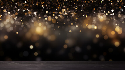 black festive background and barely noticeable golden bokeh sparks of gold in the blur - obrazy, fototapety, plakaty