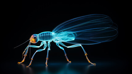 Fototapeta premium fantastic macro insect invented isolated on a black background, glowing transparent unusual creature generated